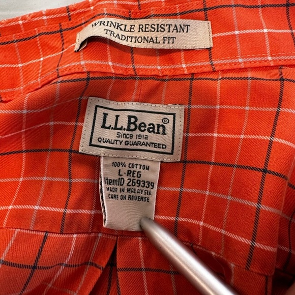 LLBean Mens Large Orange Plaid Traditional Fit Wrinkle Resist Short Sleeve - Picture 6 of 10
